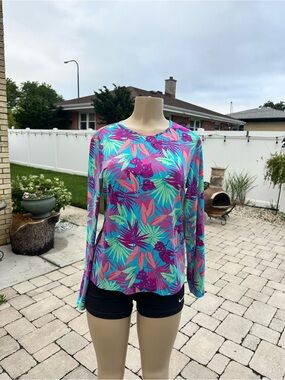Lands' End tropical print long sleeve rash guard top size M